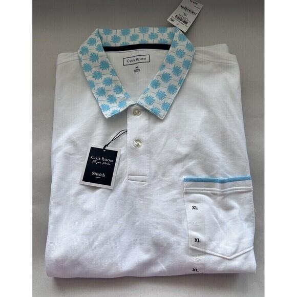 Club Room Mens Checker Collar Polo Shirt Chest Pocket Short Sleeve Cotton Blend - Picture 2 of 5